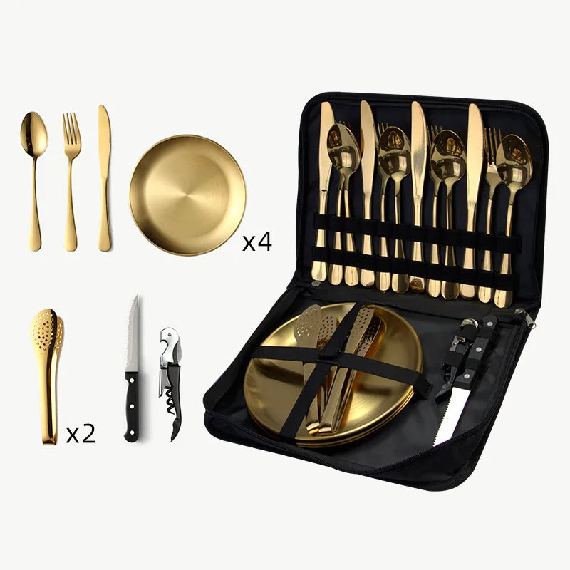 Outdoor travel stainless steel tableware camping picnic barbecue plate clip steak knife, fork and spoon suit portable storage bag