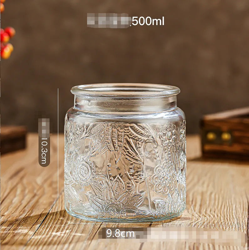 Glass Embossed Glass Sealed Jar Square Storage Jar Snack Dried Fruit Storage Jar Kitchen Household Glass Jar Vintage