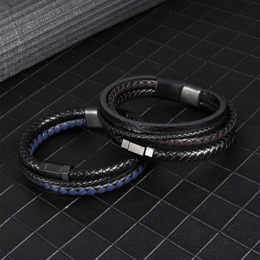 Retro Punk Solid Color 304 Stainless Steel Pu Leather Men's Bangle Men Cord & Leather Bracelets