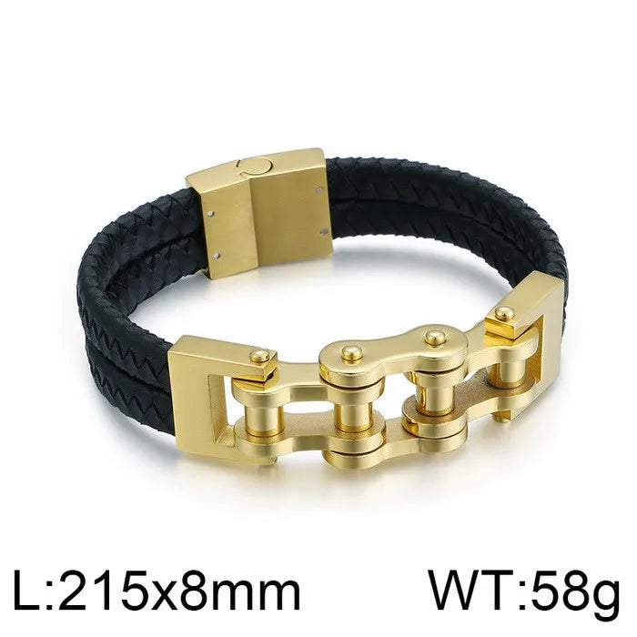 rock punk geometric pu leather titanium steel braid chain men's bangle
