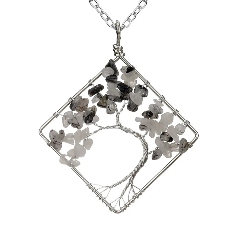 fashion square tree natural stone crystal metal beaded hollow out pendant necklace 1 piece