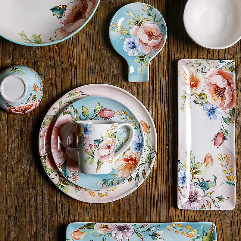 Guest French Dinner Plate Underglaze Color Flat Plate Dim Sum Tray Rectangular Plate Fish Plate Large Soup Plate Household Deep Plate