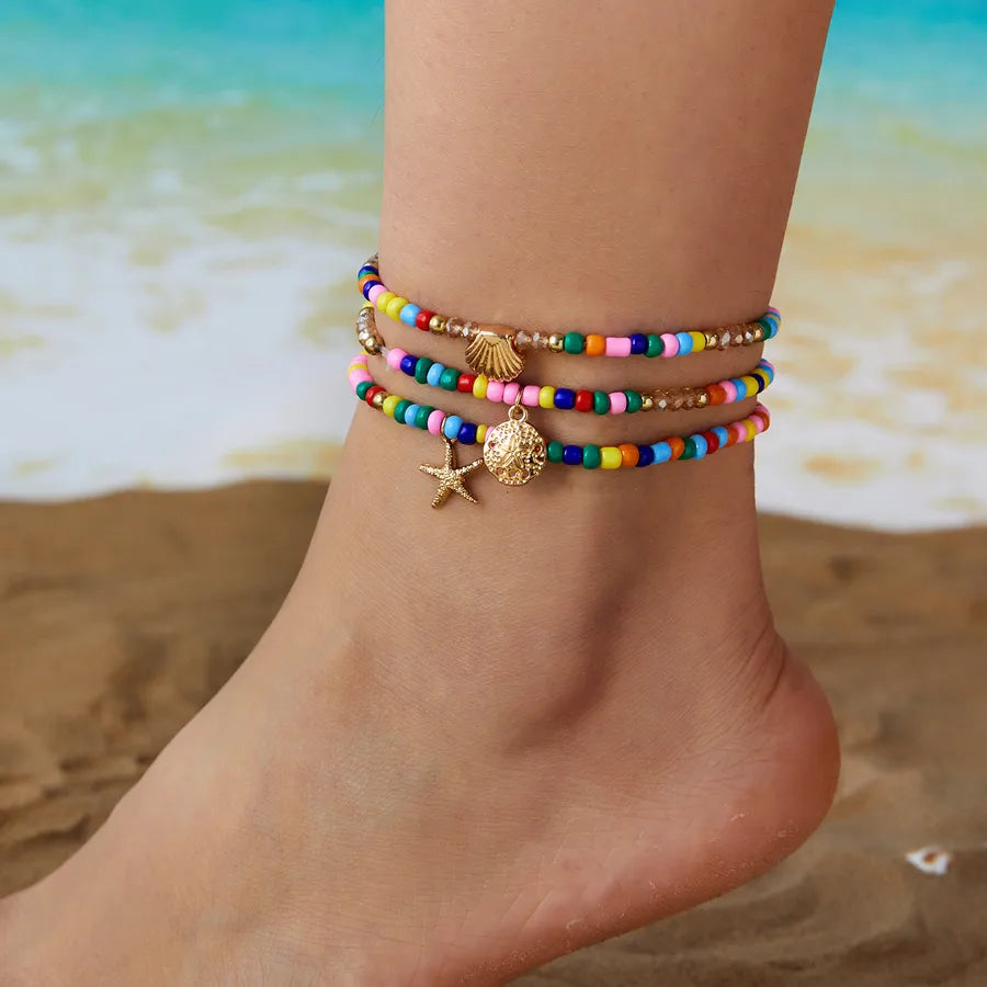 Bohemian starfish rice beads crystal anklet suit summer all-match beach rice beads shell multi-layer anklet wholesale