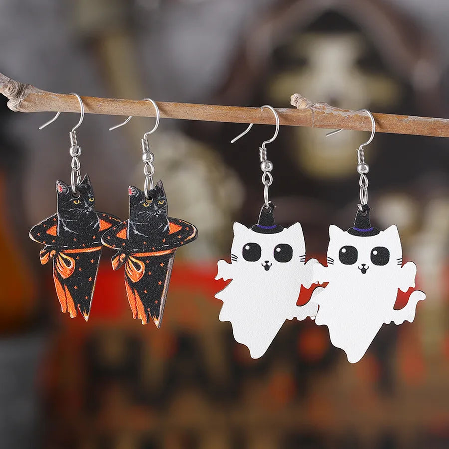 Halloween Cute Angel Cat Magic Hat Black Cat Pendant Earrings Ladies Vintage Wooden Gothic Style Double-Sided Ear Jewelry Party Gift