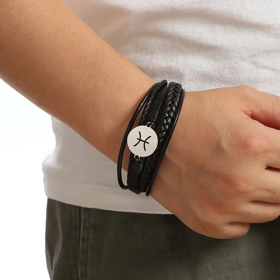 Simple Style Constellation 316 Stainless Steel  Pu Leather Layered Men's Bangle