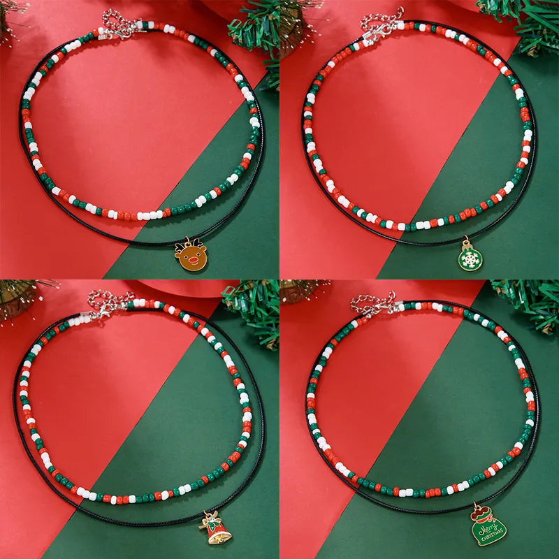 Christmas Themed Double Layered Necklace With Santa Claus Design Glass Beads Clavicle Chain Jewelry Accessory For Unisex Use