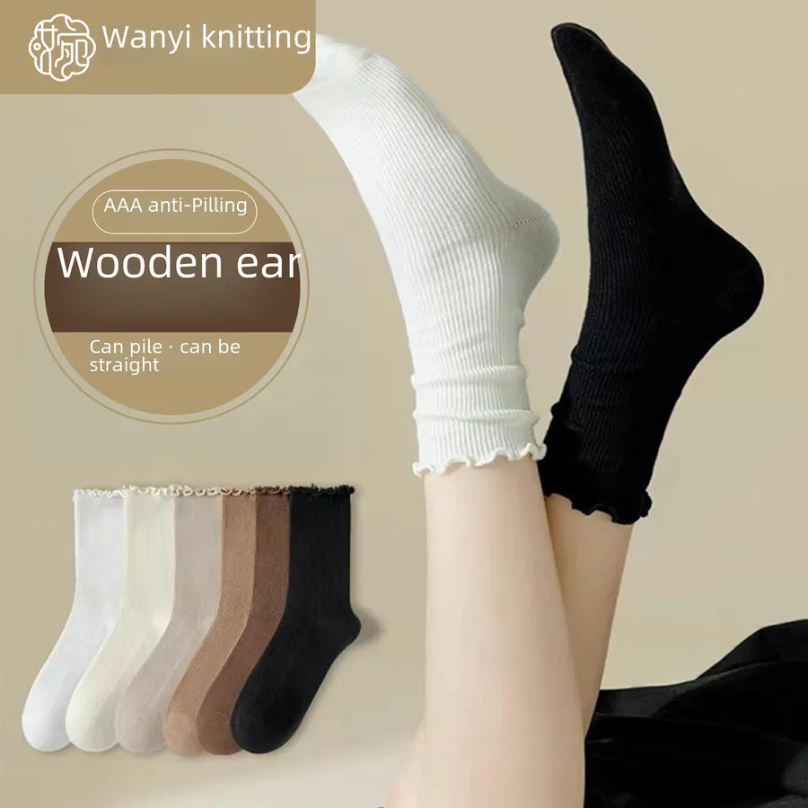 Wooden ear socks women's mid-calf socks summer thin pile socks summer black white autumn stockings loafers fashion