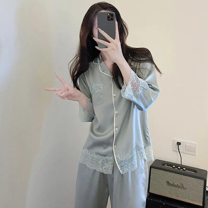 Pure Color Lace Splice Smooth Ice Silk Sleepwear Set Women Long Sleeve Long Pants Two Piece Set High-End Sensation Home Clothes
