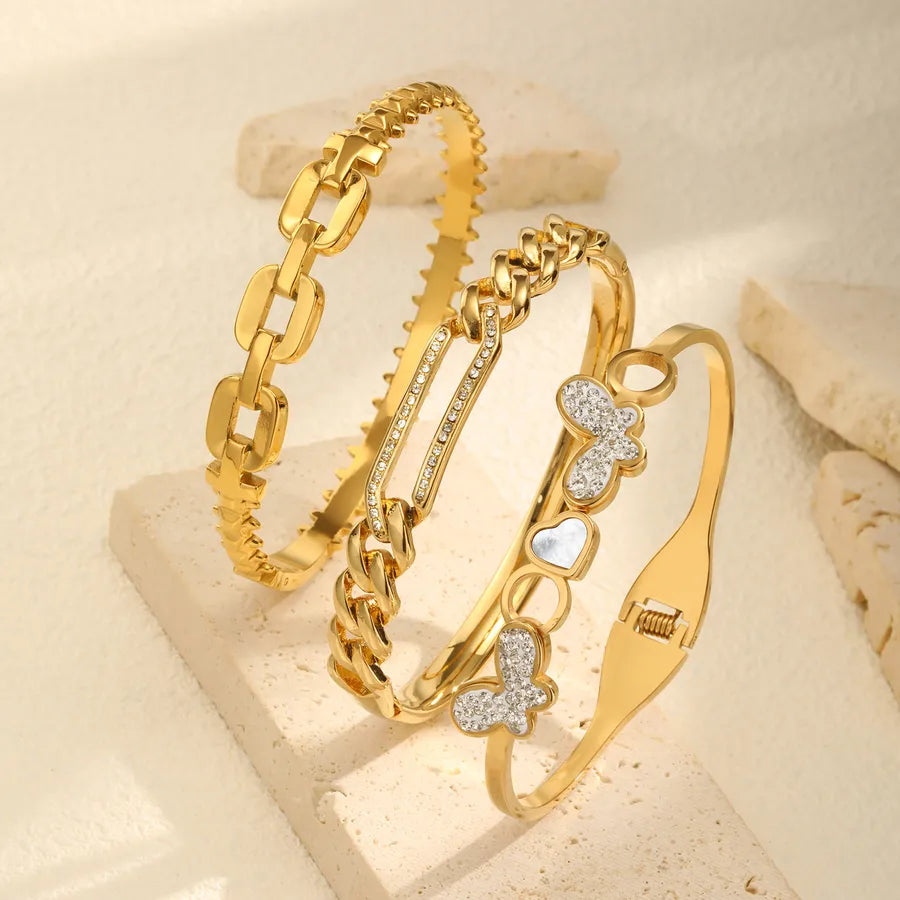 IG Style Novelty Butterfly 304 Stainless Steel 18K Gold Plated Rhinestones Handmade Chain Bangle In Bulk