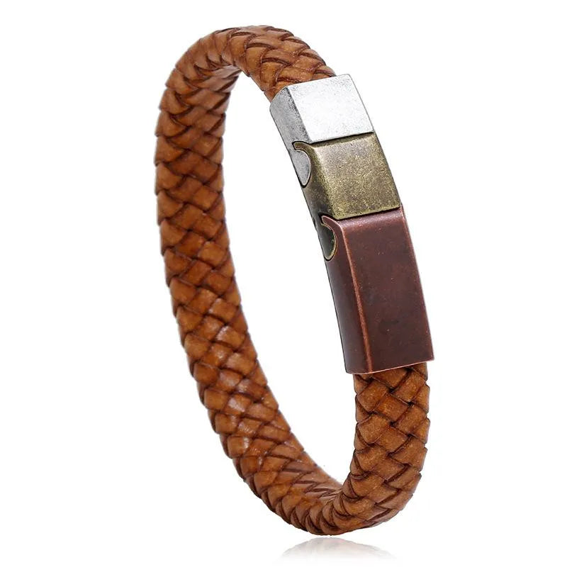 vintage stainless steel leather woven bracelet nhpk142795