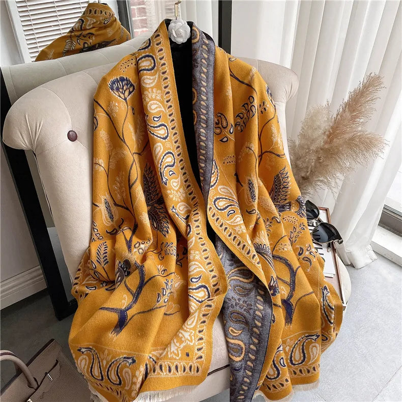 women's retro color block imitation cashmere printing scarf