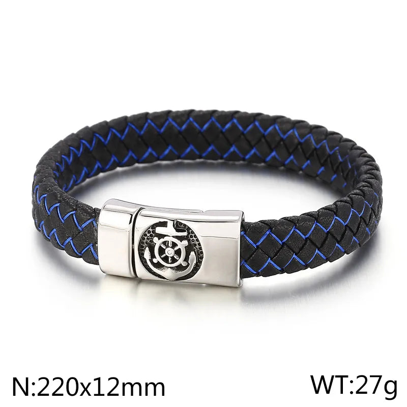 hip-hop retro color block pu leather titanium steel braid men's bangle