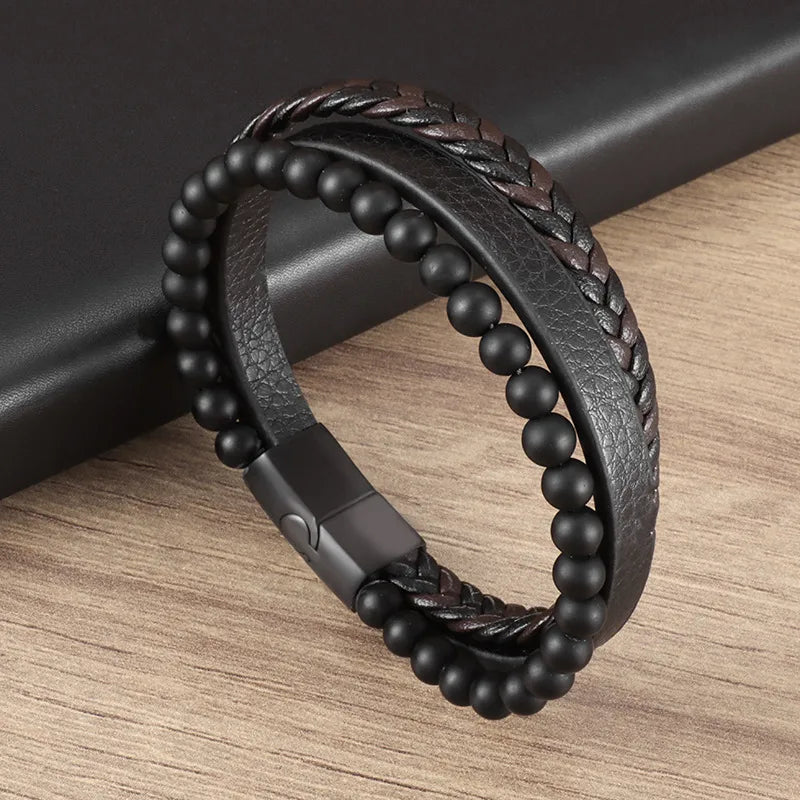 basic retro solid color pu leather men's bangle