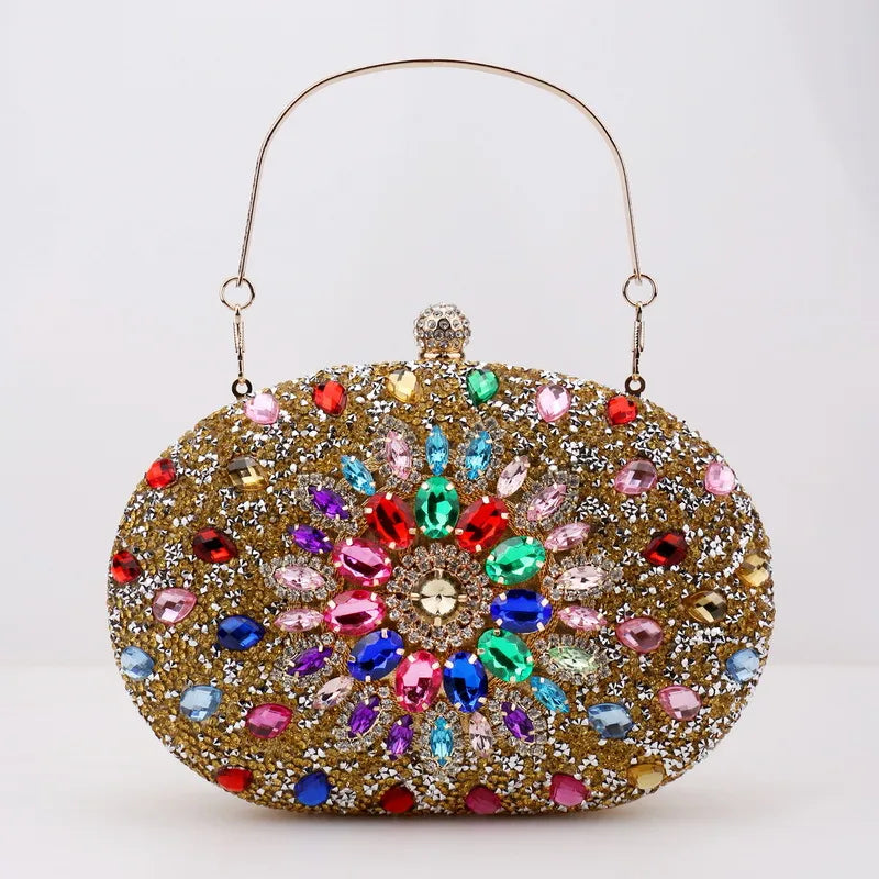 red green blue pu leather polyester flower rhinestone oval evening bags
