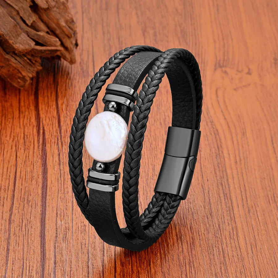 Vintage Style Classic Style Round Pearl Leather rope Metal Wholesale Bracelets