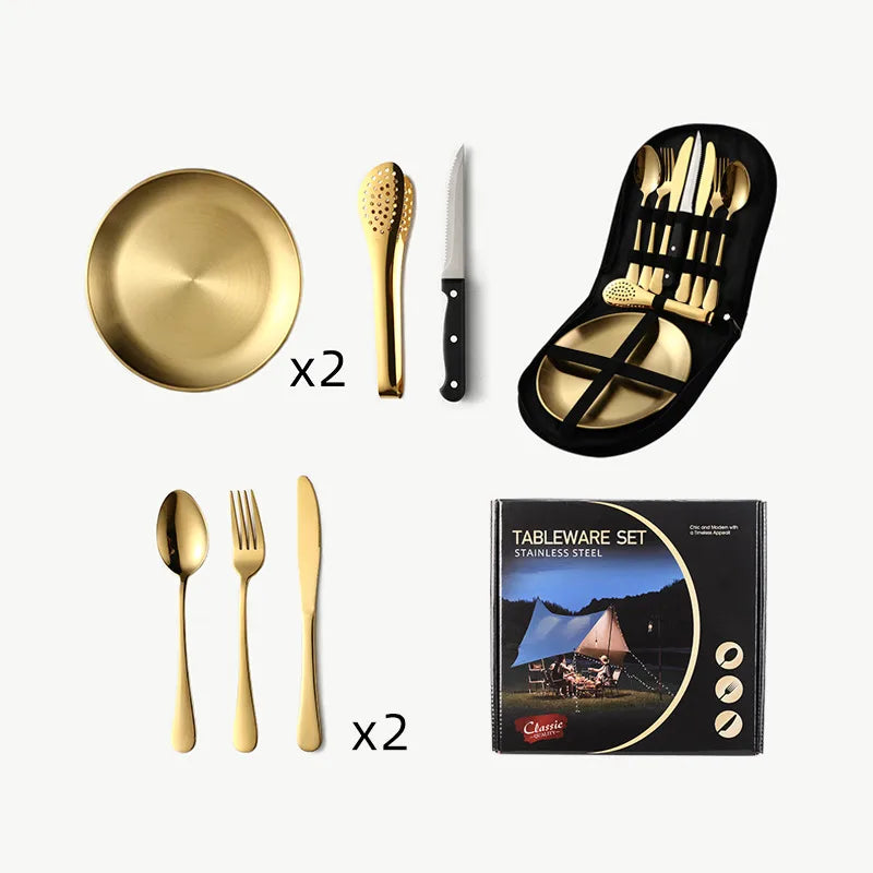 Outdoor travel stainless steel tableware camping picnic barbecue plate clip steak knife, fork and spoon suit portable storage bag