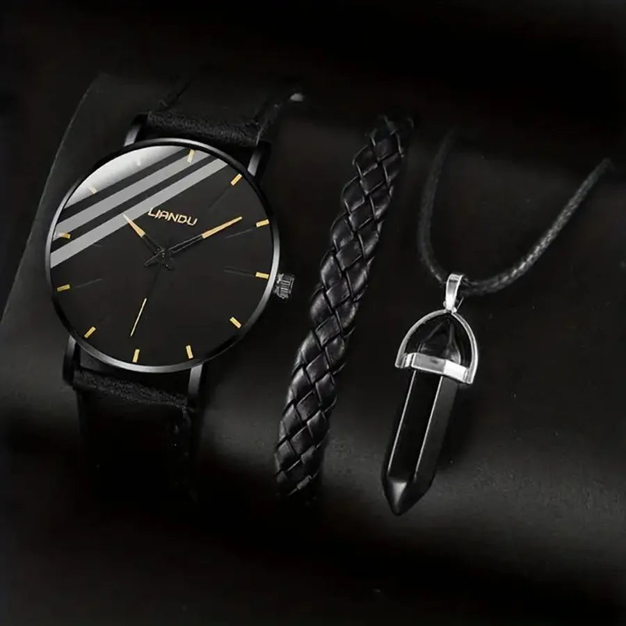 Men's watch and 1 piece exquisite leather bracelet plus 1 piece bullet ornament necklace