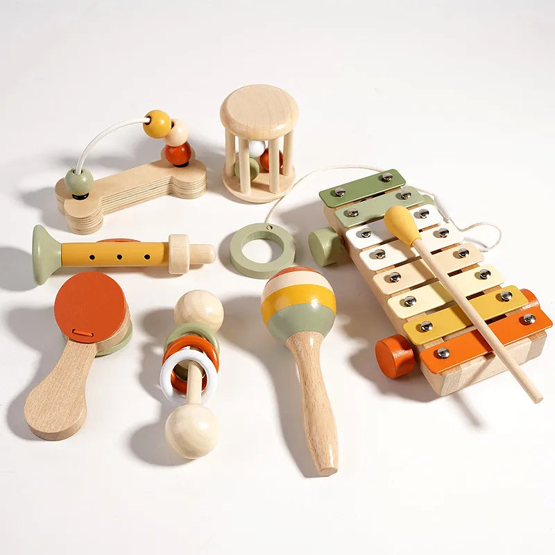 Wooden Rattles Set Baby Early Education Intelligence Training Toys Gripping Practice Orff Instruments Soothing Playthings