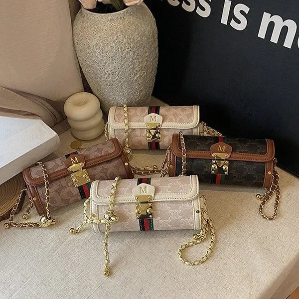 Women's Pu Leather Letter Color Block Elegant Streetwear Cylindrical Flip Cover Lock clasp Shoulder Bag