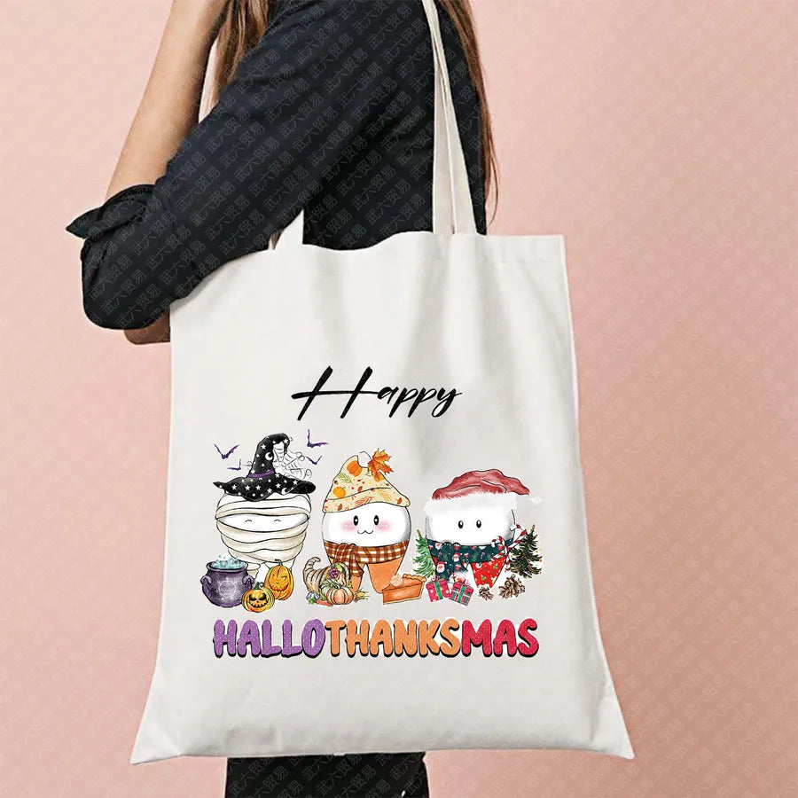 Halloween Witch Pattern Canvas Tote Bag Reusable Shopping Bag For Commuting Traveling Women Large Square Fashionable Bag