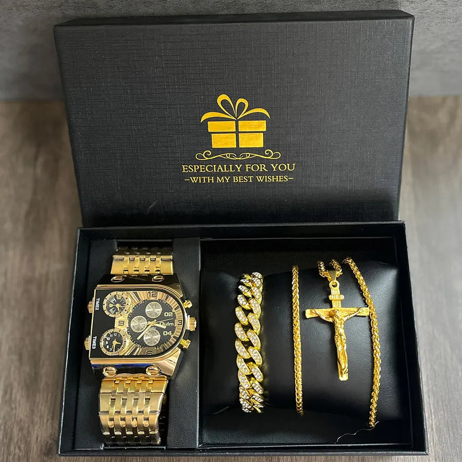Business Color Block Folding Buckle Quartz Men's Watches Gift Set