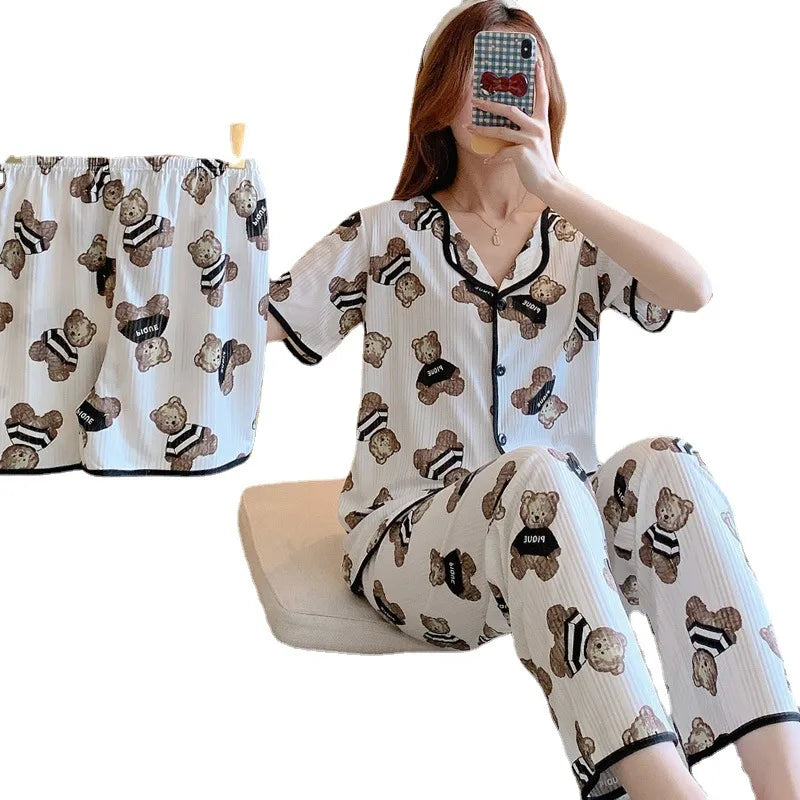 Spring Autumn Women's Sleepwear Short Sleeve Loose Home Clothes Cute Girl's Pajamas Set Casual Breathable Polyester Silk