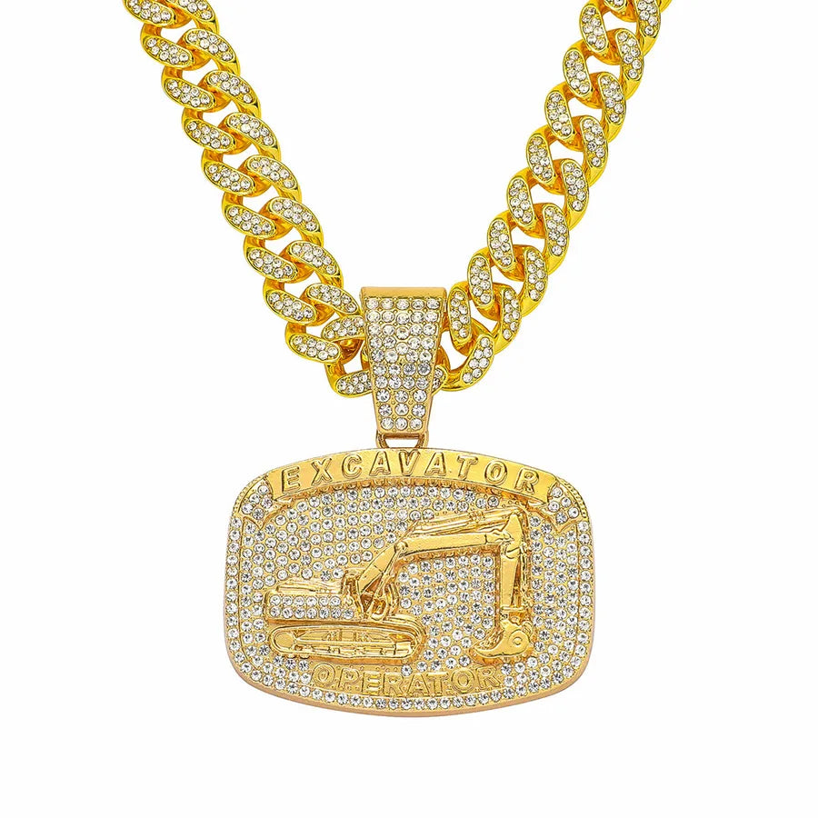 New Full Diamond Excavator Card Pendant Matching Cuban Link Chain  Hip Hop Nightclub Disco Dancing Decorative Necklace