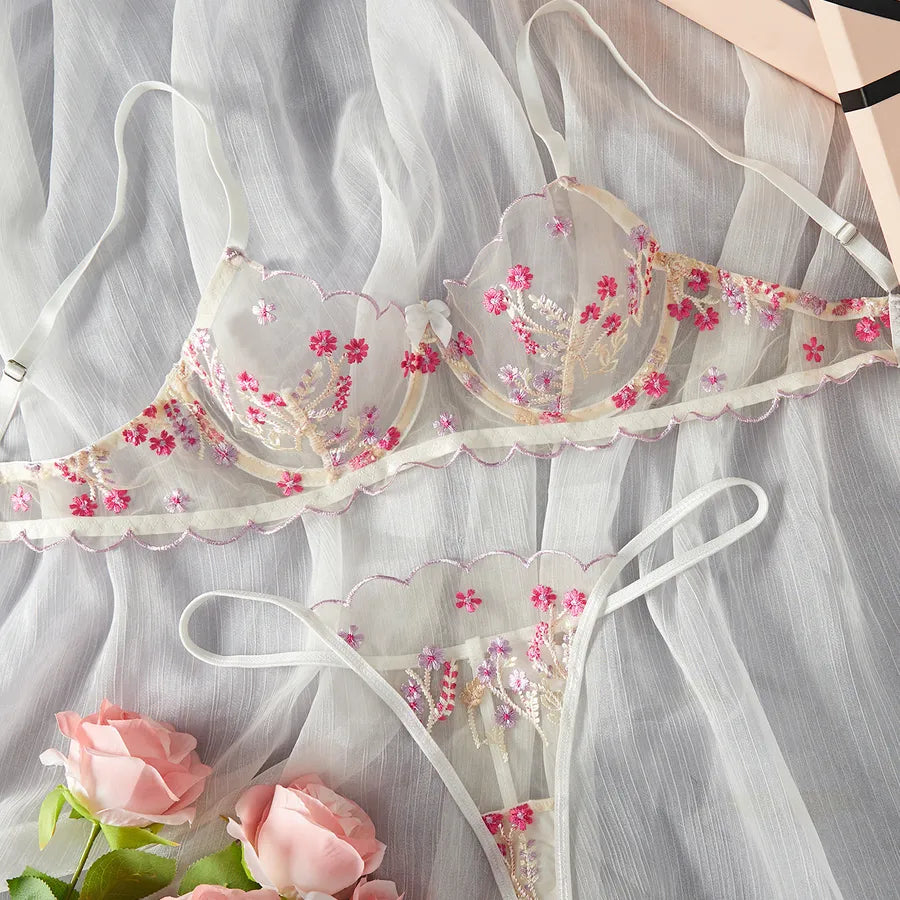 Women's Sexy Flower Sexy Lingerie Sets Home Honeymoon Sheer Bra Low Waist Thong See-Through Sexy Lingerie