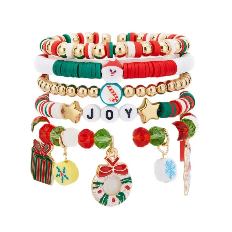 Christmas Theme Bracelet Set Santa Claus Christmas Tree Flower Ring Snowflake Cane Candy Crystal Beads Festival Jewelry