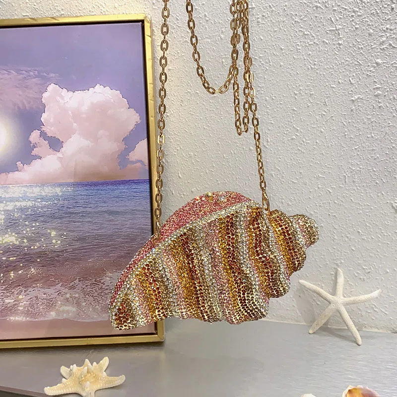 Heavy Industry Shiny Diamond-encrusted Pearl Conch Shell Acrylic Bag Seaside Casual Holiday Crossbody Bag