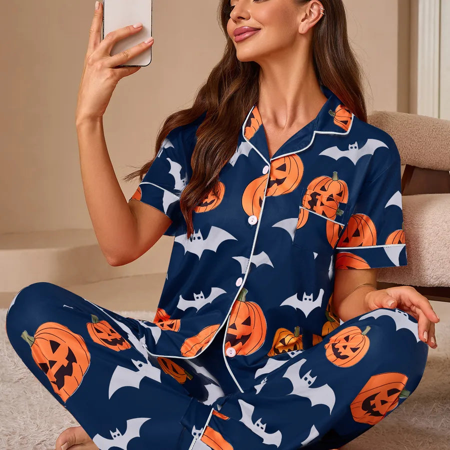 European Style Halloween Print Sleepwear Set Women's Short Sleeve Shirt And Long Pants Home Clothes Fashionable And Comfortable