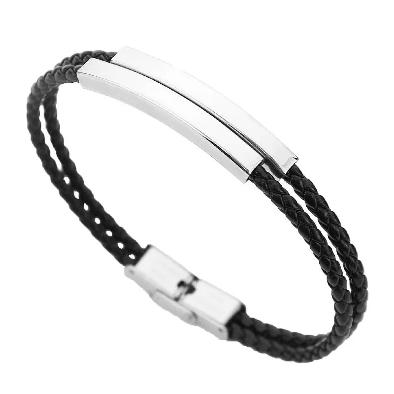 Retro Classic Style Geometric Customization Laser Engraving Pu Leather Titanium Steel Polishing Men's Bracelets Men Cord & Leather Bracelets