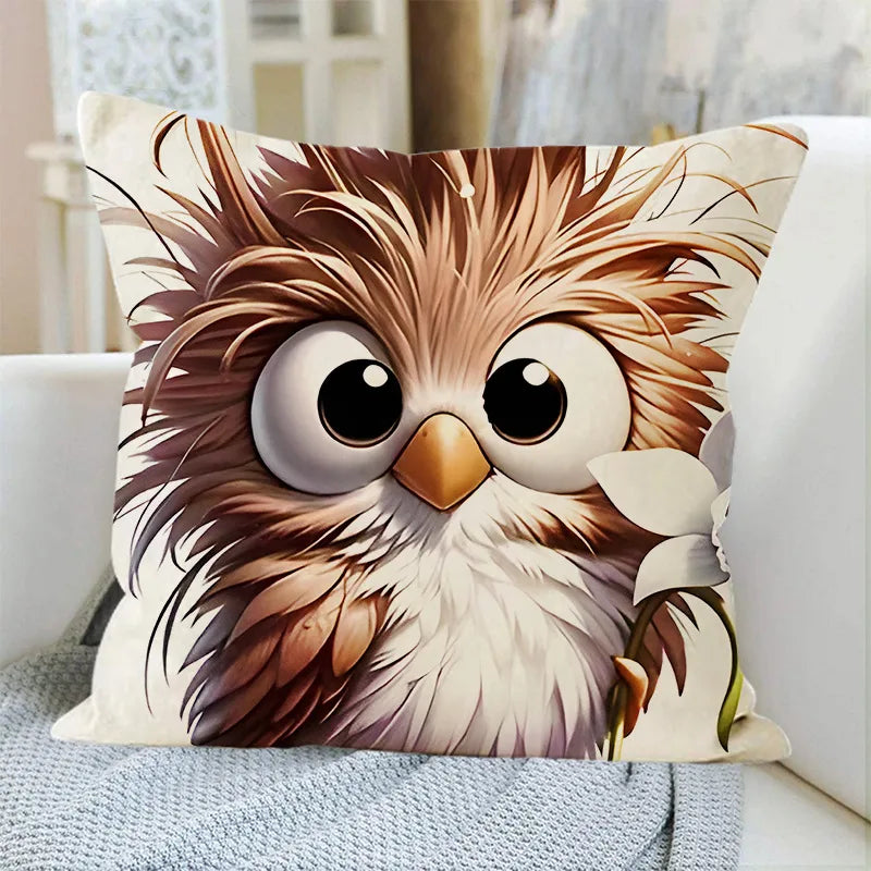 Funny Bird Print Linen Pillowcase New Style Office Cushion Cover Simple Cartoon Design Eco-Friendly Linen Material