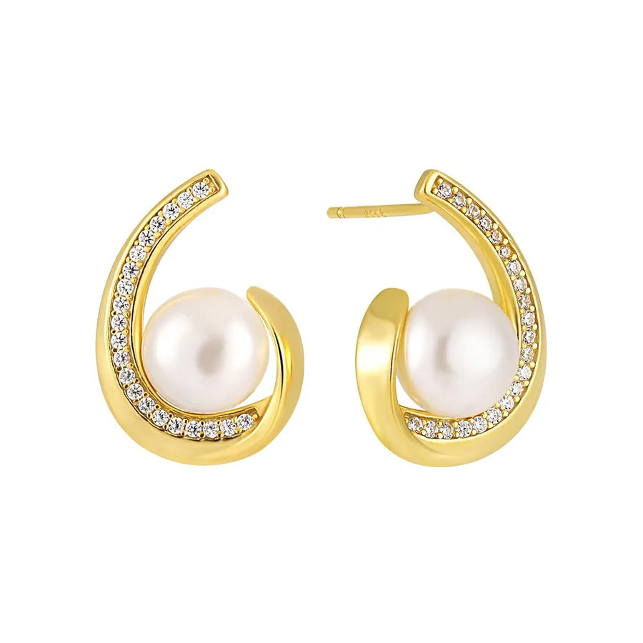 Elegant Luxurious Geometric Sterling Silver Freshwater Pearl Zircon Ear Studs 1 Pair