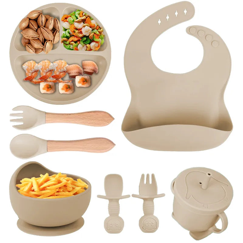 Baby silicone tableware suit baby learning to eat food supplement tableware self-eating sucker bowl integrated children's plate
