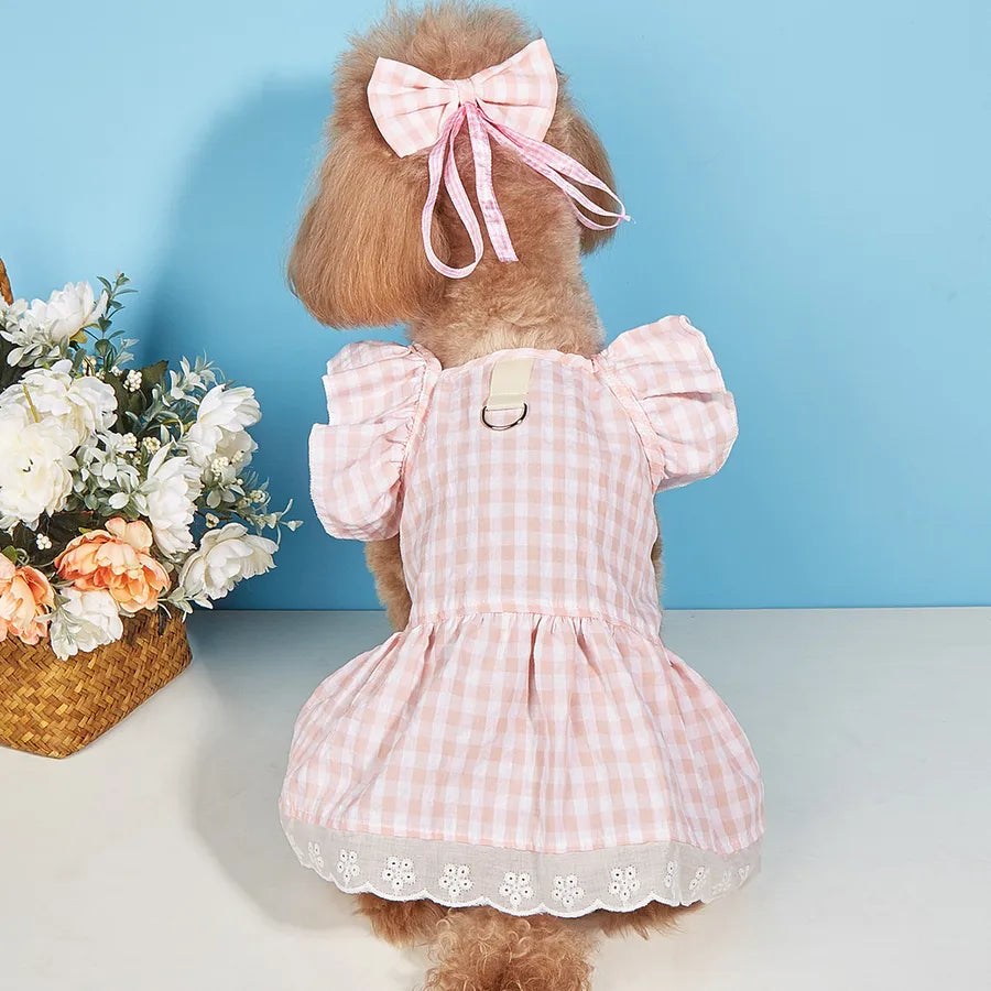 sweet cotton plaid bow knot pet clothing