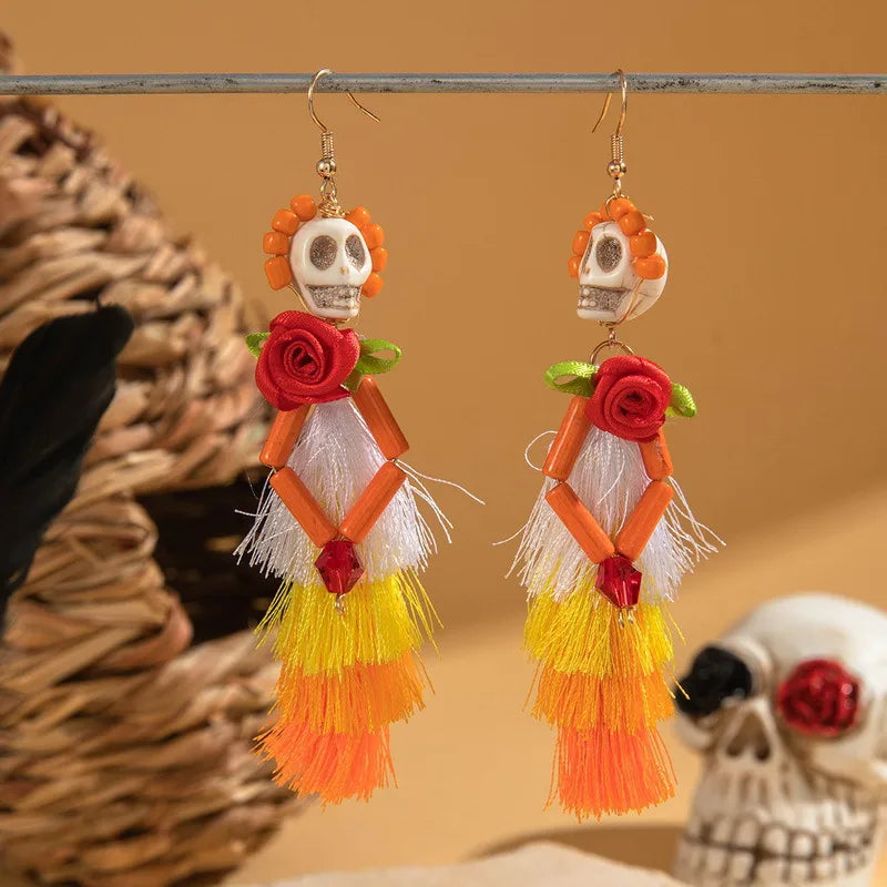 Creative Halloween Skull Tassel Earrings  Style Funny Geometric Pattern Handmade Alloy Women's Jewelry