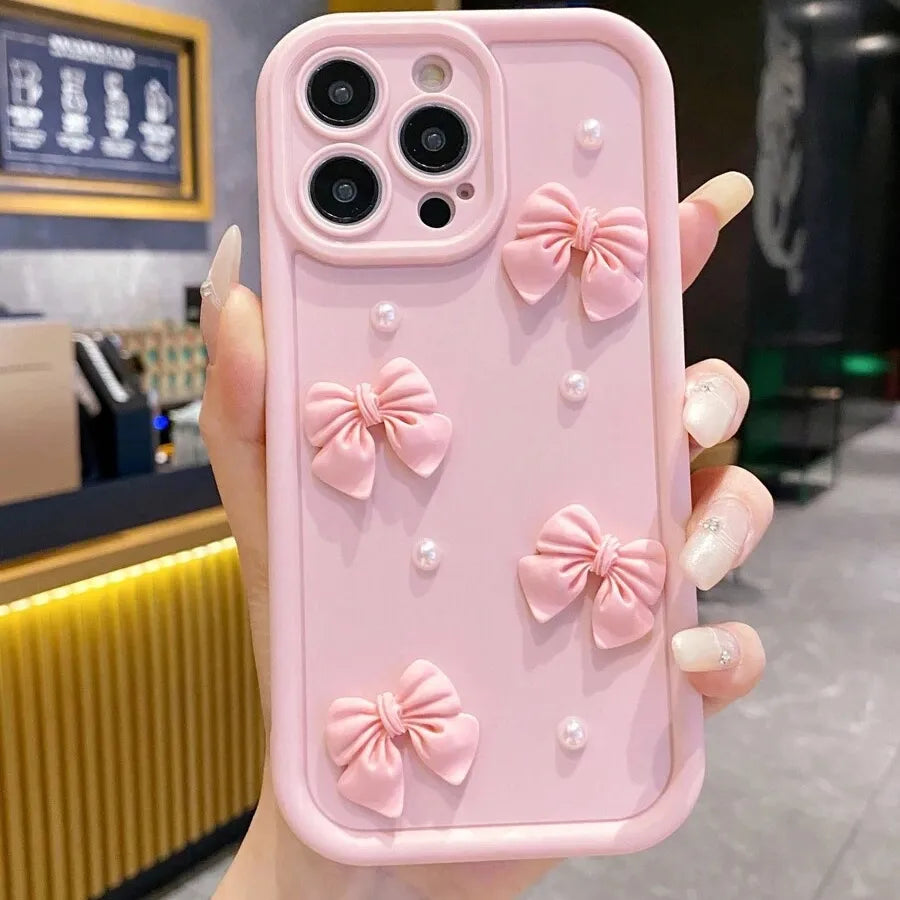 Pearl Butterfly Knot Phone Case For Apple 16Promax 15Plus 14Day Eye Stair 13Blow 12Soft TPU Material Matte Finish Personality Design
