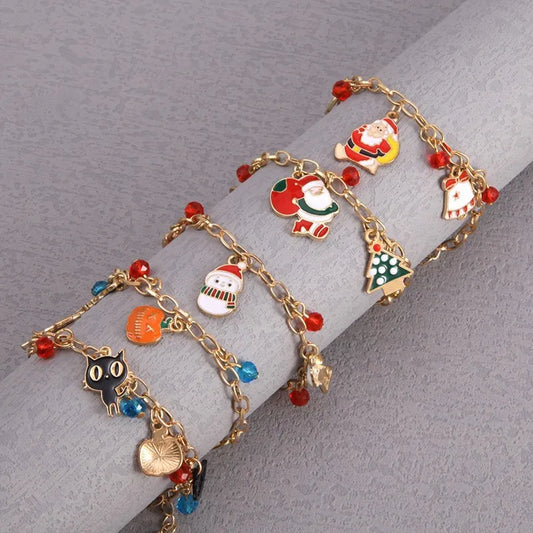Christmas Themed Crystal Alloy Bracelet Deer Snowman Santa Claus Design Festival Gift Geometric Pattern Cute Unisex Bracelet