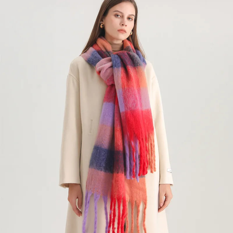 women's casual plaid imitation cashmere tassel scarf