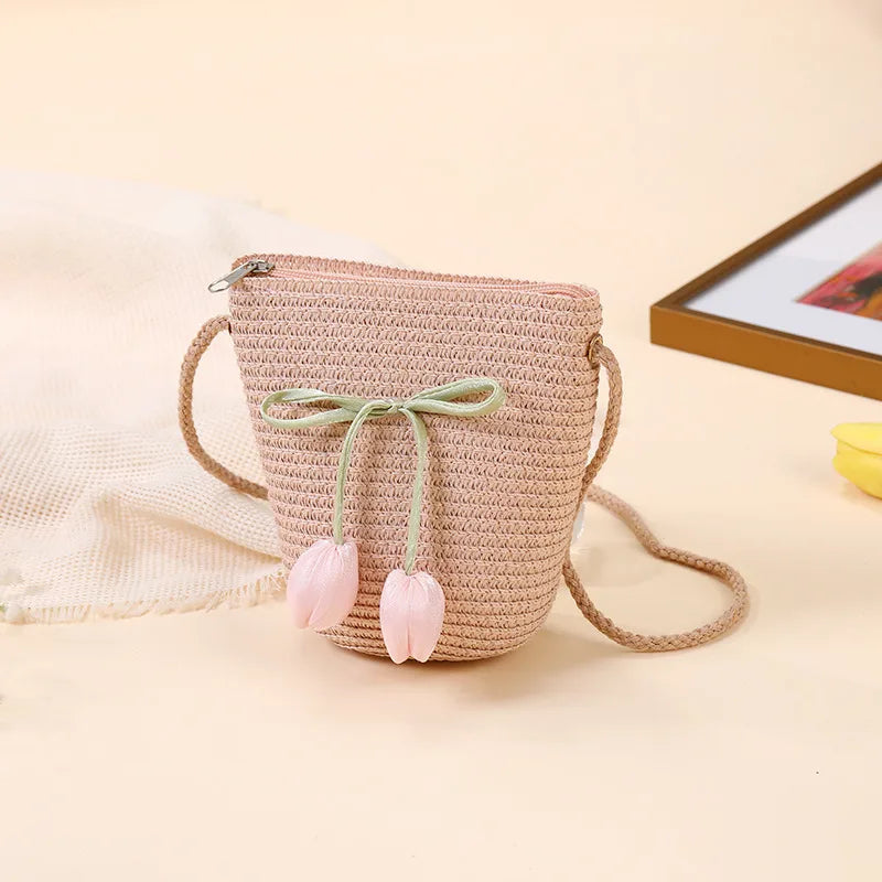 Summer Beach Seaside Tulip Straw Woven Bag  New Children Flower Straw Bag Mobile Phone Crossbody Bag