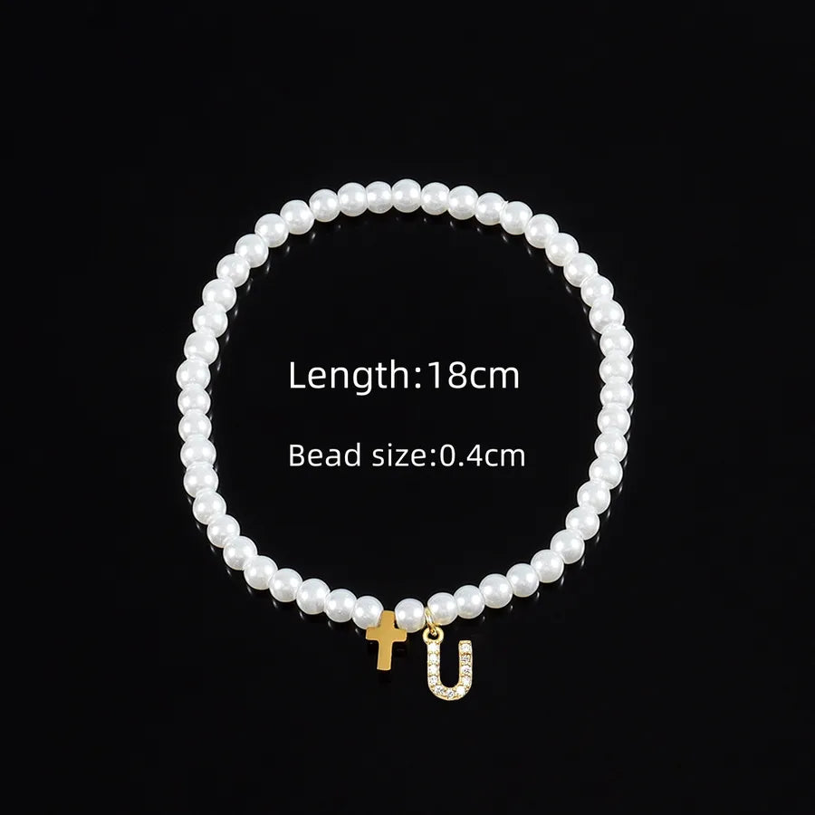 Elegant Vintage Style Classic Style Cross Letter 304 Stainless Steel Artificial Pearl Copper Beaded Chain Beaded Bracelets Wholesale