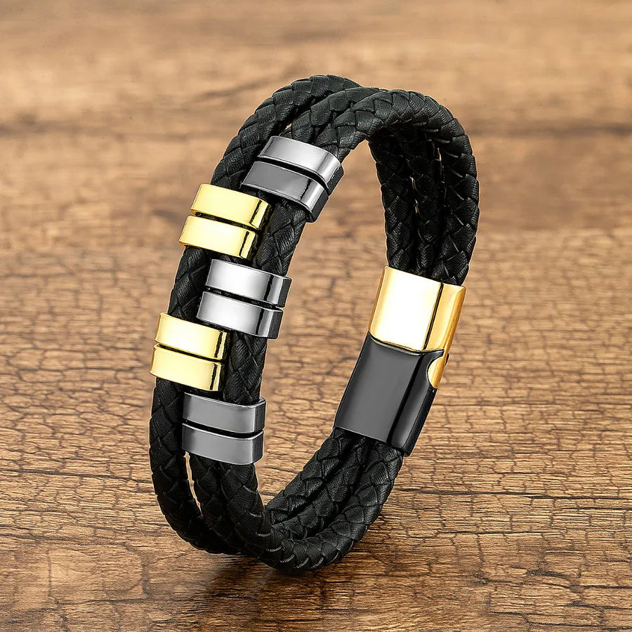 Vintage Style Exaggerated Punk Geometric Leather rope Metal Layered Handmade Metal Button Men's Bangle