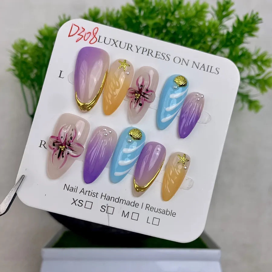 Handmade Detachable Shell Sculpture Cat Eye Almond Nails Ice Transparent Floral Design Wearable False Nails For Women