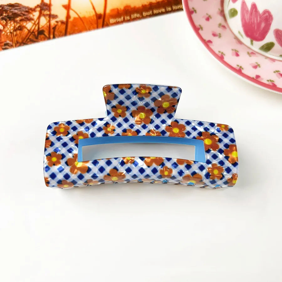 Retro PVC Floral Print Hair Claw New Elegance High-End Feeling Bun Shark Clip Small Flower Hair Clip Hair Accessories
