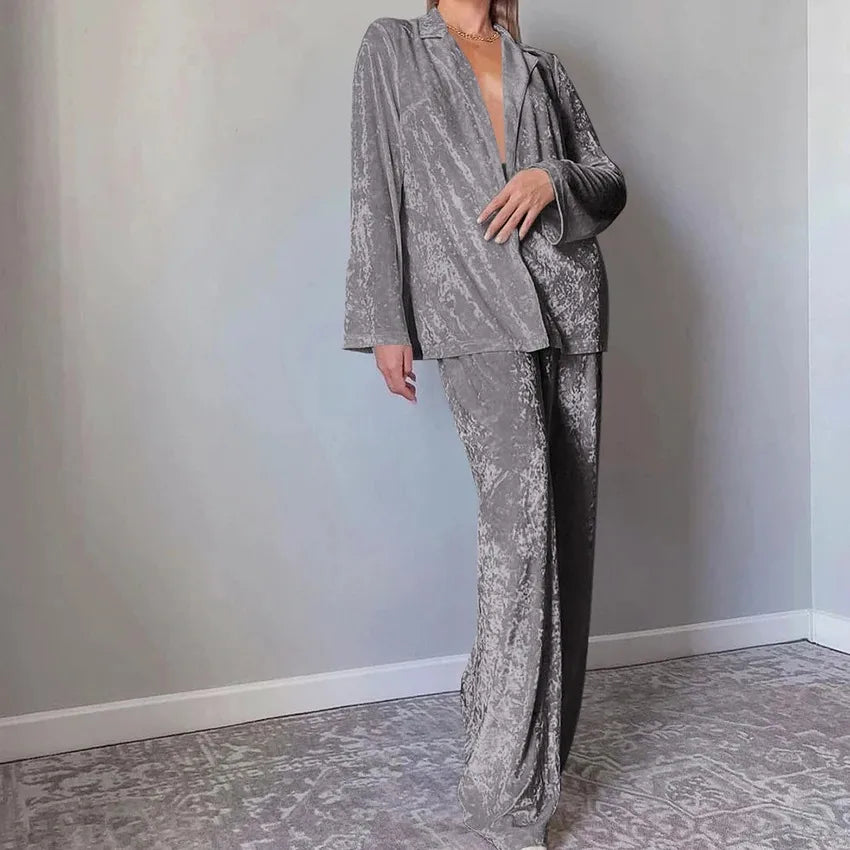 Home Outdoor Women's Luxurious Solid Color Polyester Fleece Pants Sets Pajama Sets