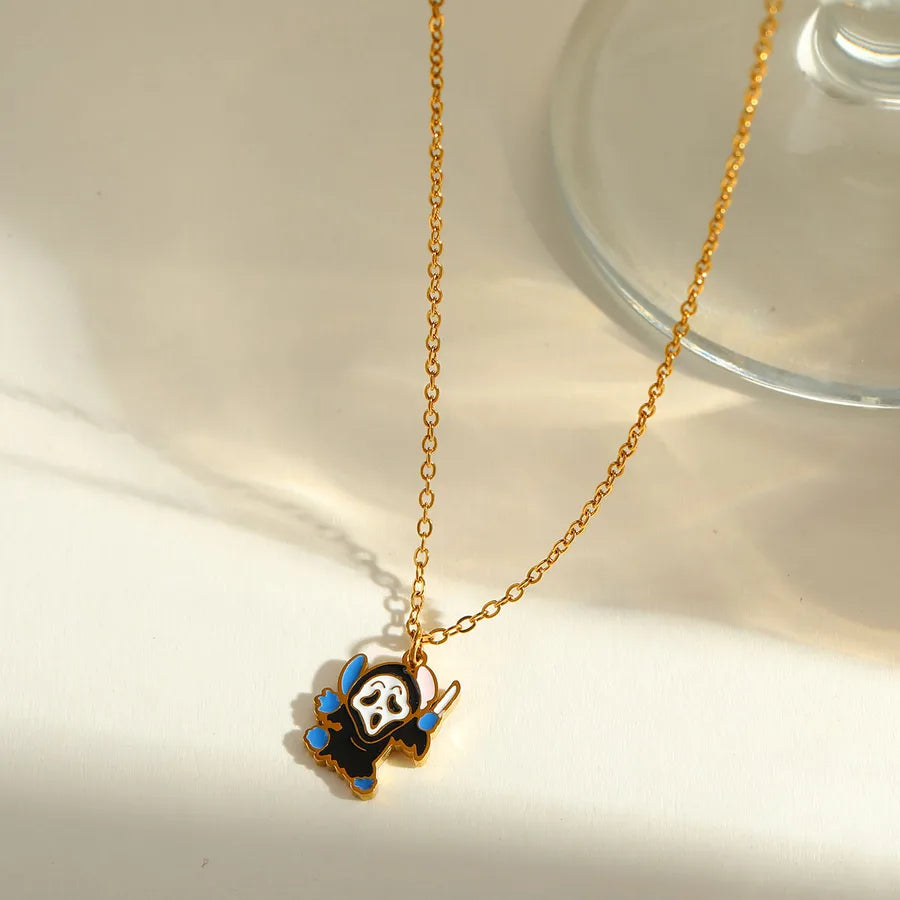 Gold Plated Stainless Steel Halloween Series Drop Oil Pumpkin Face Pendant Necklace Funny Skeleton Head Spider Design Jewelry