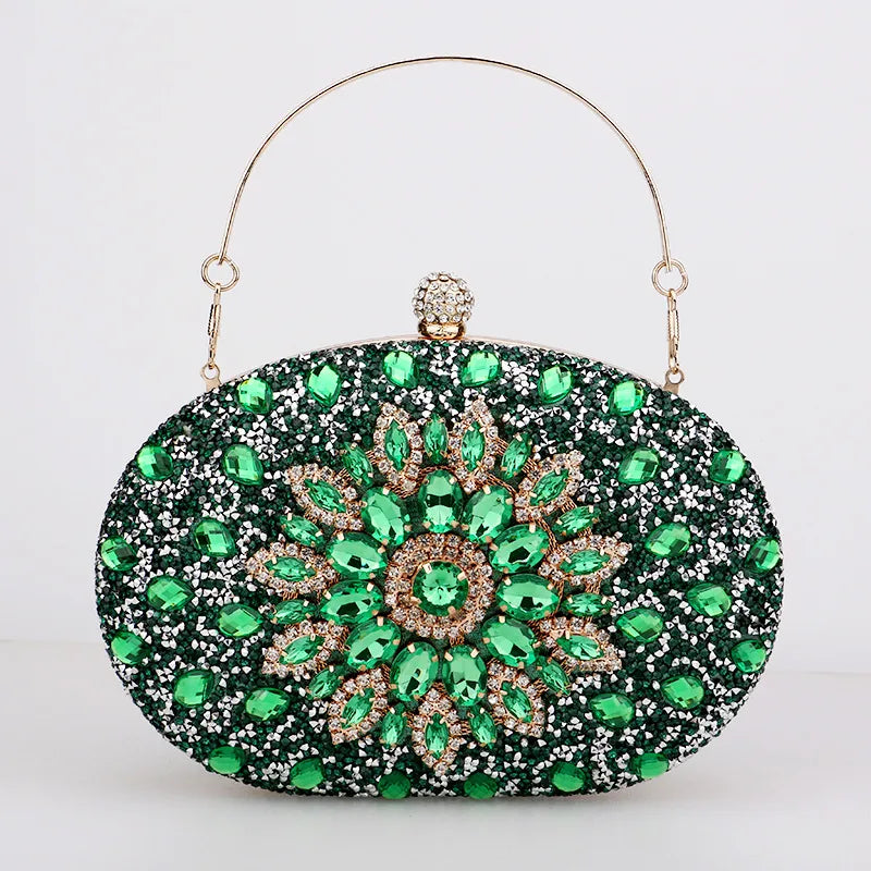 red green blue pu leather polyester flower rhinestone oval evening bags
