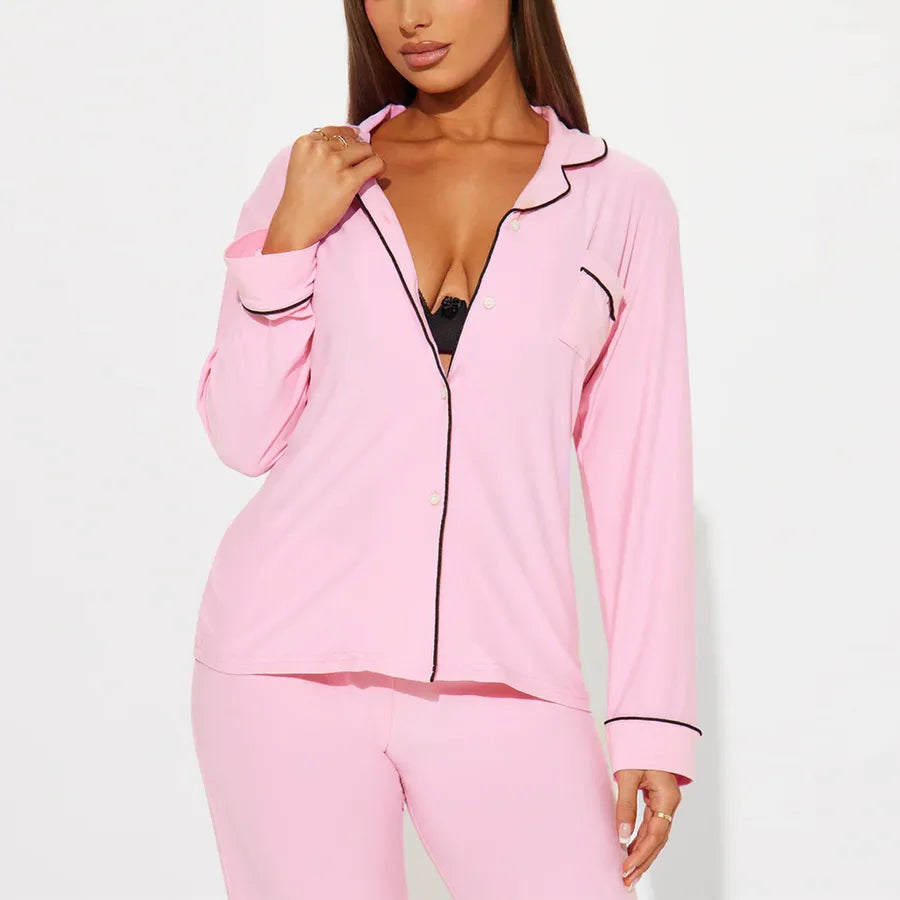 New Women's Sleepwear Casual Long Sleeve Pants Set Autumn Winter Home Clothes Two-Piece Set Striped Pure Color Basic Style