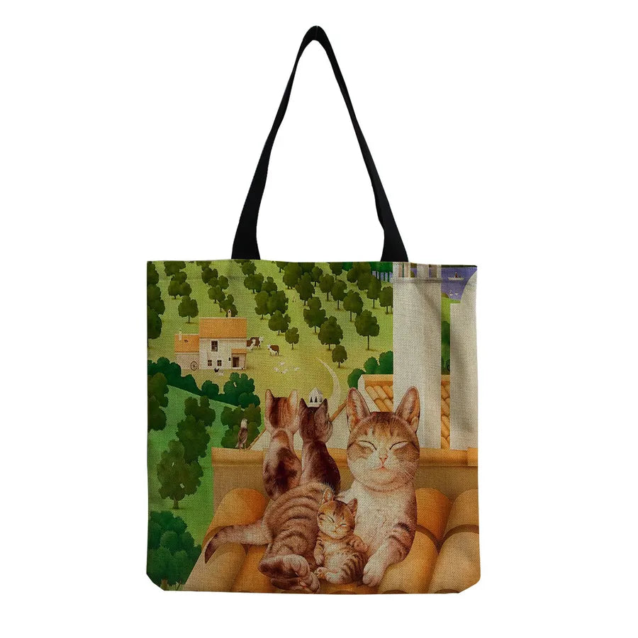 women's all seasons linen cat simple style square open canvas bag